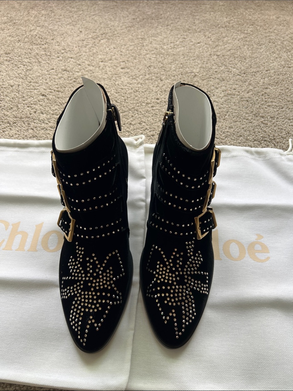 Chloé Black Suede Studded Buckle Ankle Boots